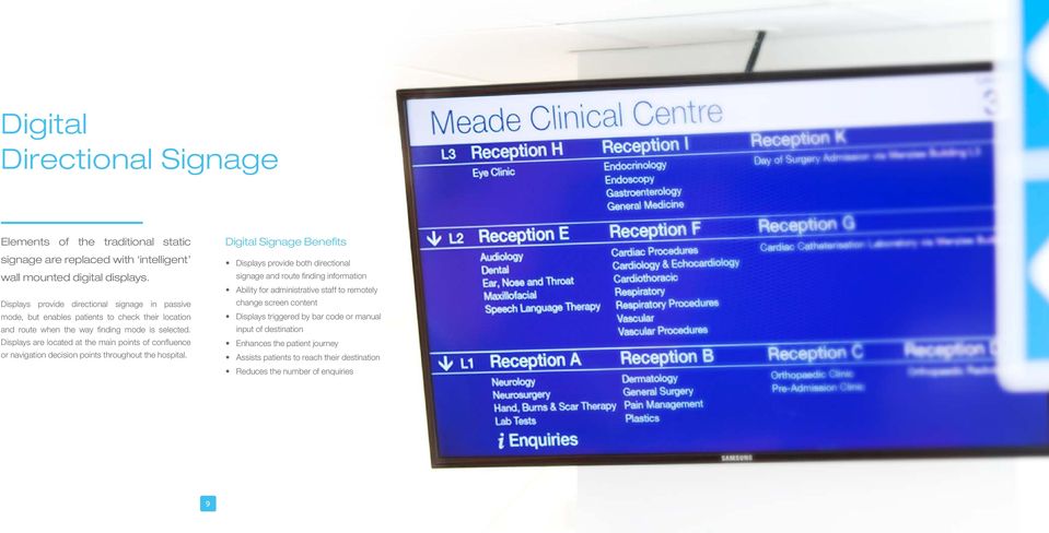 Displays are located at the main points of confluence or navigation decision points throughout the hospital.