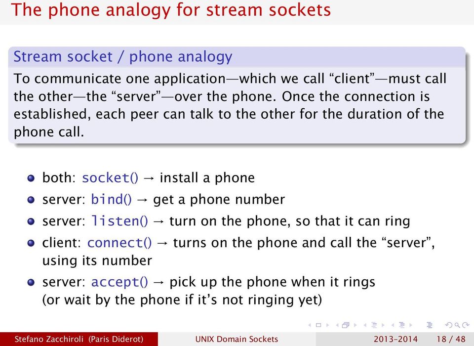 both: socket() install a phone server: bind() get a phone number server: listen() turn on the phone, so that it can ring client: connect() turns on the phone