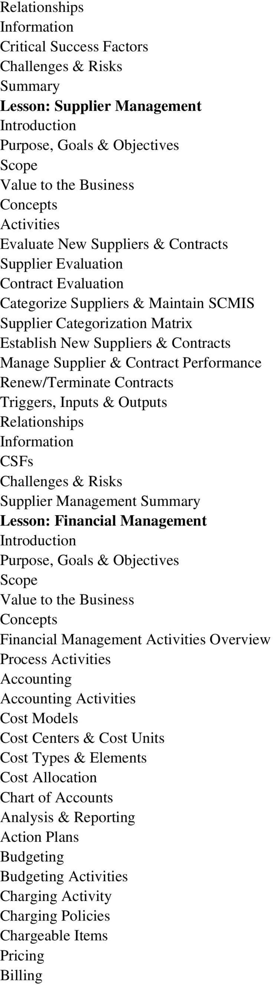 Financial Management Financial Management Activities Overview Process Activities Accounting Accounting Activities Cost Models Cost Centers & Cost Units Cost Types &