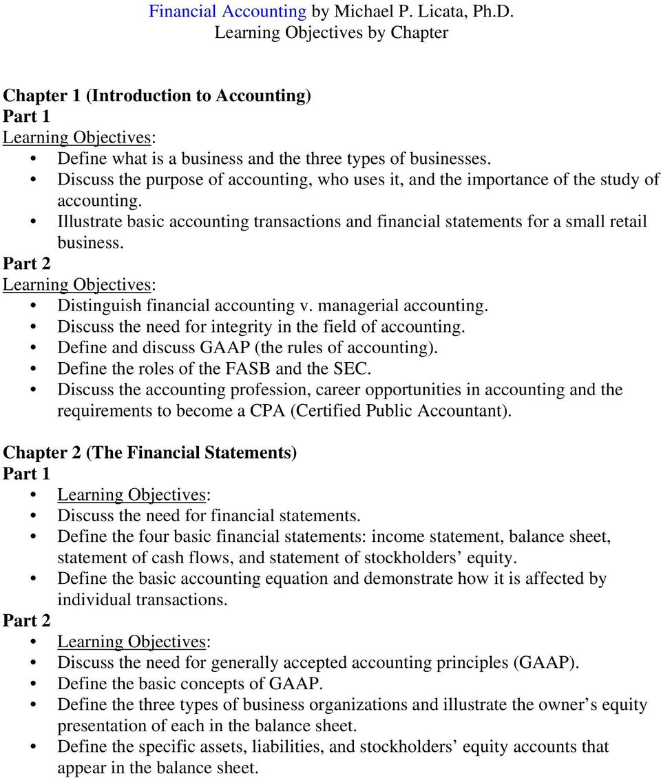 Learning Objectives: Distinguish financial accounting v. managerial accounting. Discuss the need for integrity in the field of accounting. Define and discuss GAAP (the rules of accounting).