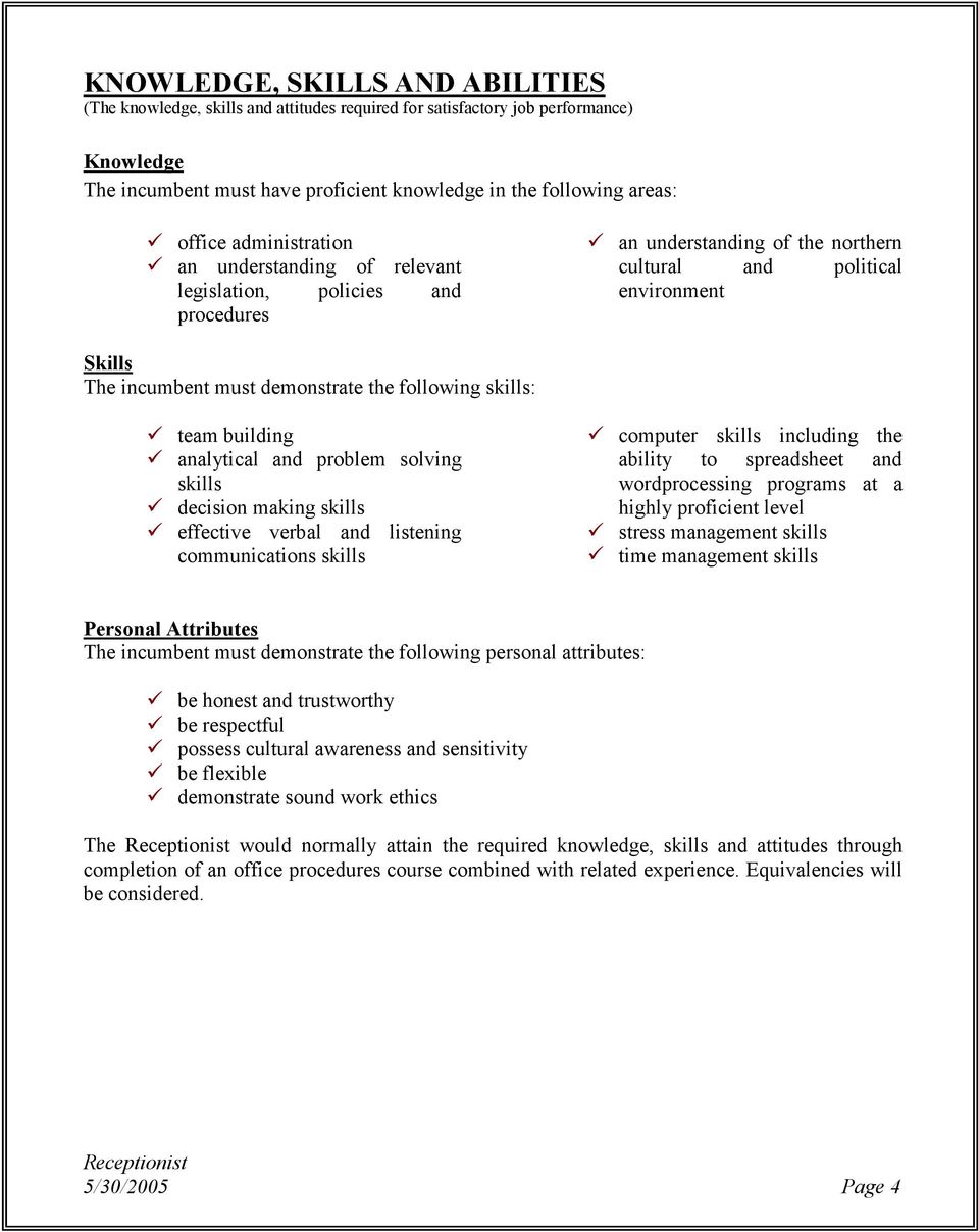 following skills: team building analytical and problem solving skills decision making skills effective verbal and listening communications skills computer skills including the ability to spreadsheet