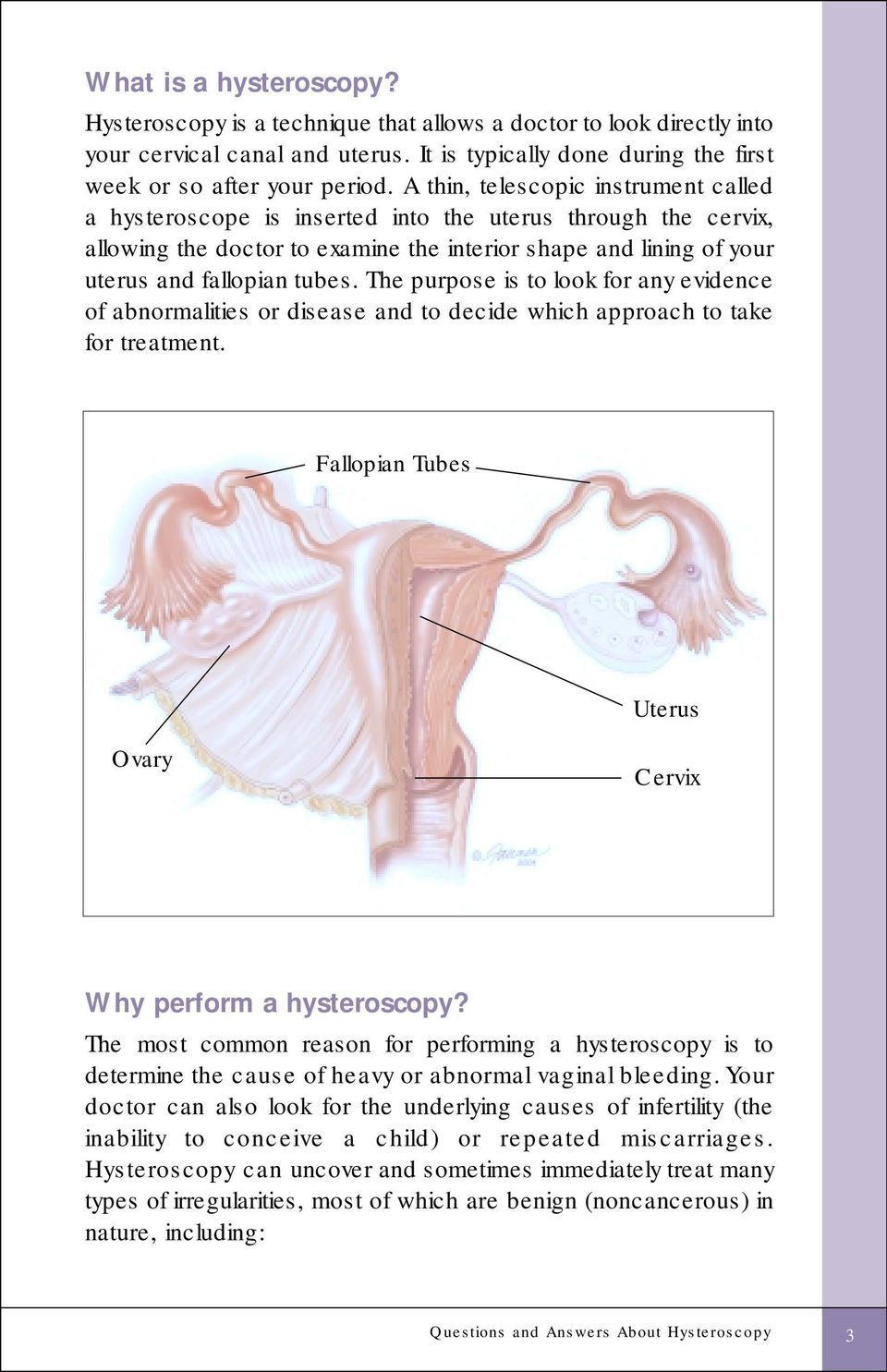 The purpose is to look for any evidence of abnormalities or disease and to decide which approach to take for treatment. Fallopian Tubes Uterus Ovary Cervix Why perform a hysteroscopy?