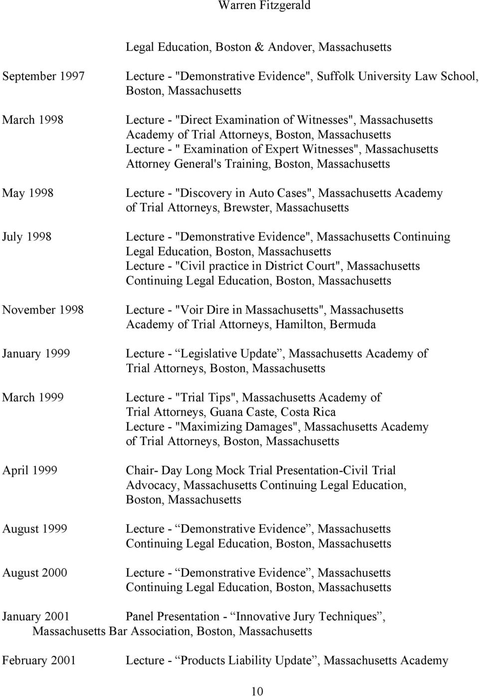 Cases", Academy of Trial Attorneys, Brewster, Lecture - "Demonstrative Evidence", Continuing Lecture - "Civil practice in District Court", Continuing Lecture - "Voir Dire in ", Academy of Trial
