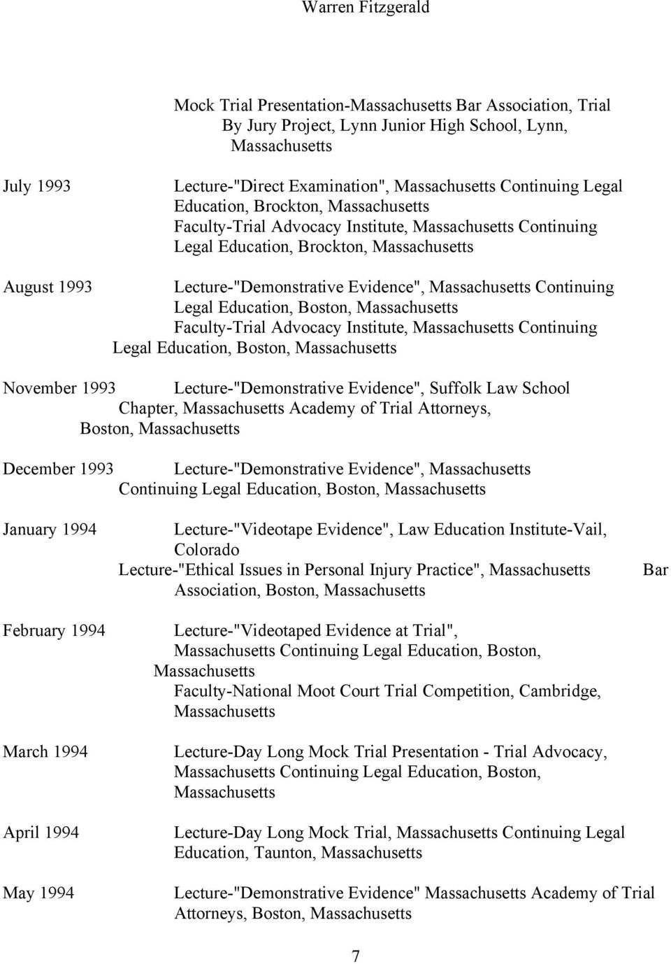 Suffolk Law School Chapter, Academy of Trial Attorneys, December 1993 Lecture-"Demonstrative Evidence", Continuing January 1994 February 1994 March 1994 April 1994 Lecture-"Videotape Evidence", Law