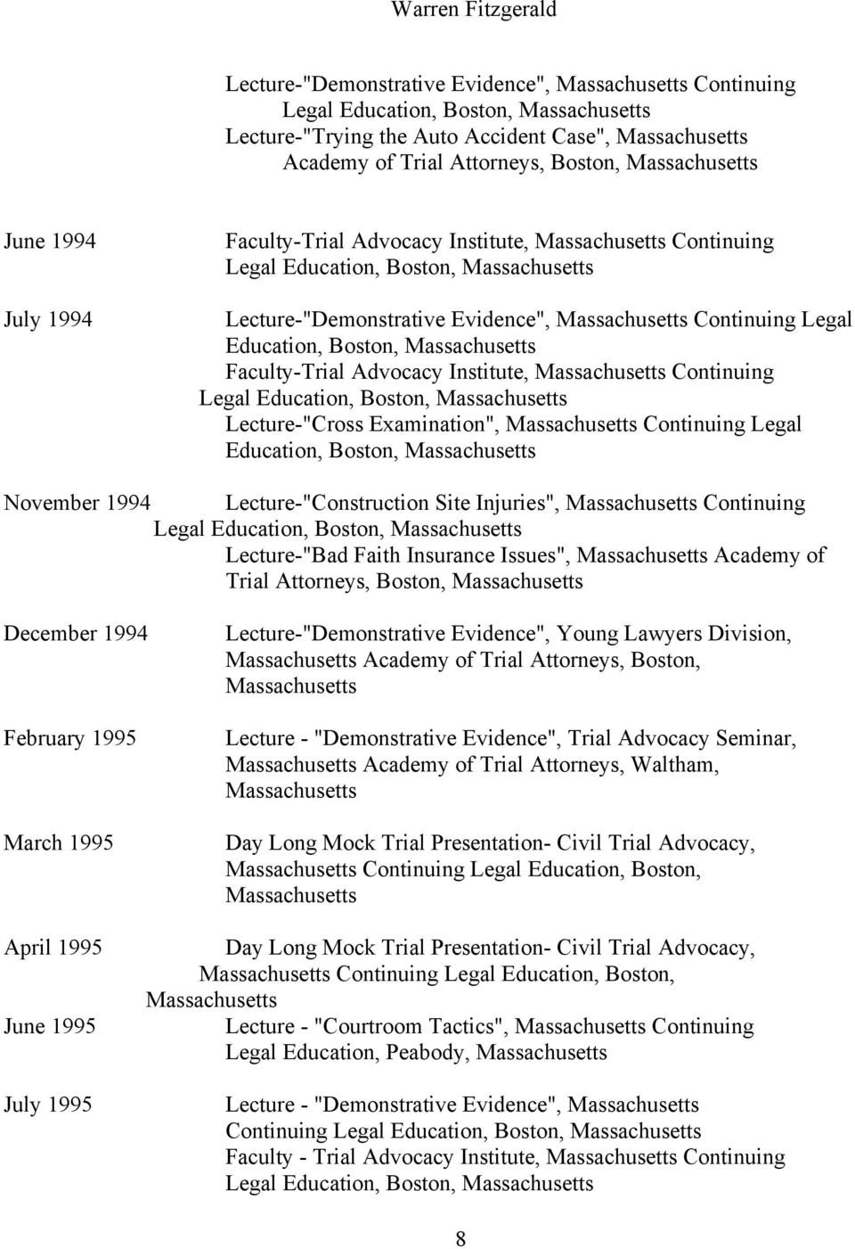 Site Injuries", Continuing Lecture-"Bad Faith Insurance Issues", Academy of Trial Attorneys, December 1994 February 1995 March 1995 Lecture-"Demonstrative Evidence", Young Lawyers Division, Academy