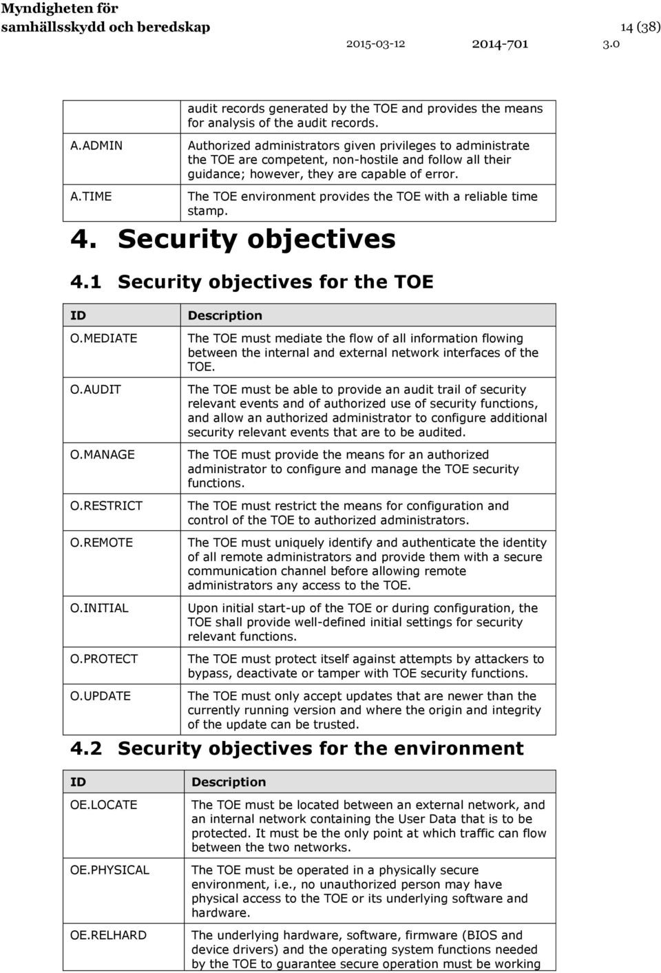 The TOE environment provides the TOE with a reliable time stamp. 4. Security objectives 4.1 Security objectives for the TOE ID O.MEDIATE O.AUDIT O.MANAGE O.RESTRICT O.REMOTE O.INITIAL O.PROTECT O.