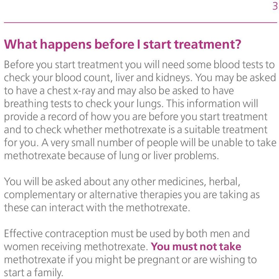 This information will provide a record of how you are before you start treatment and to check whether methotrexate is a suitable treatment for you.