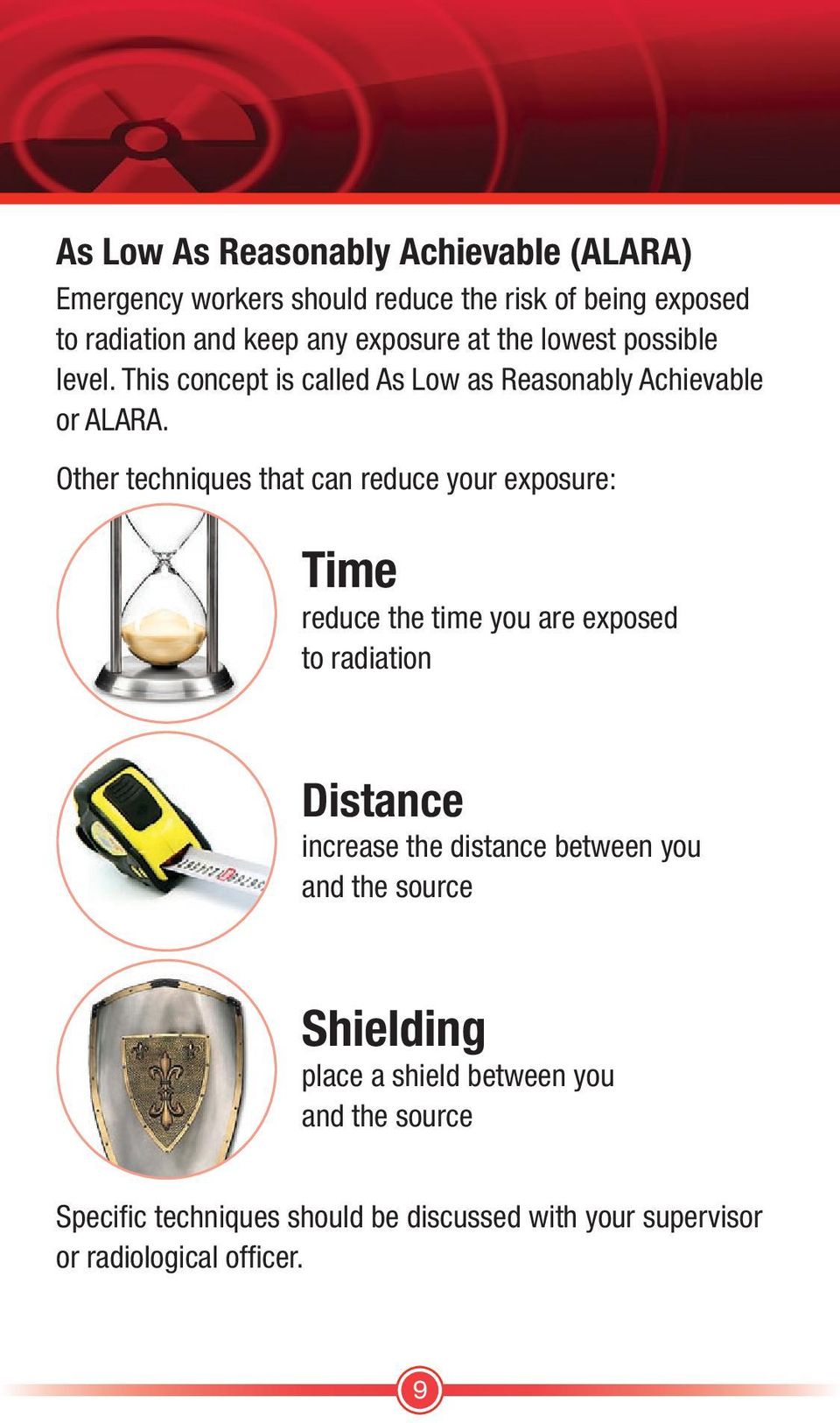 Other techniques that can reduce your exposure: Time reduce the time you are exposed to radiation Distance increase the distance