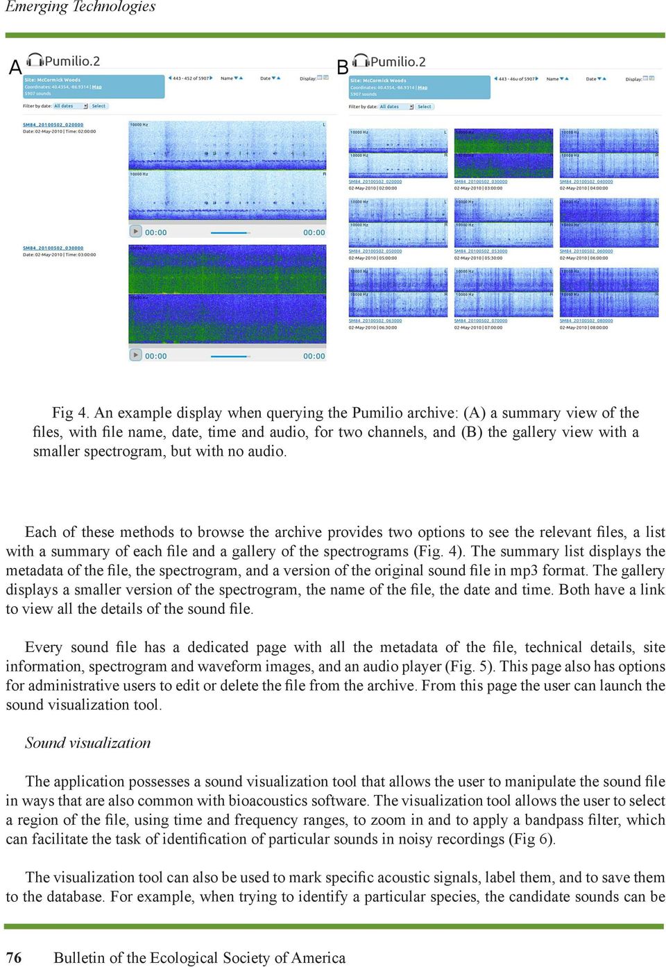 with no audio. Each of these methods to browse the archive provides two options to see the relevant files, a list with a summary of each file and a gallery of the spectrograms (Fig. 4).