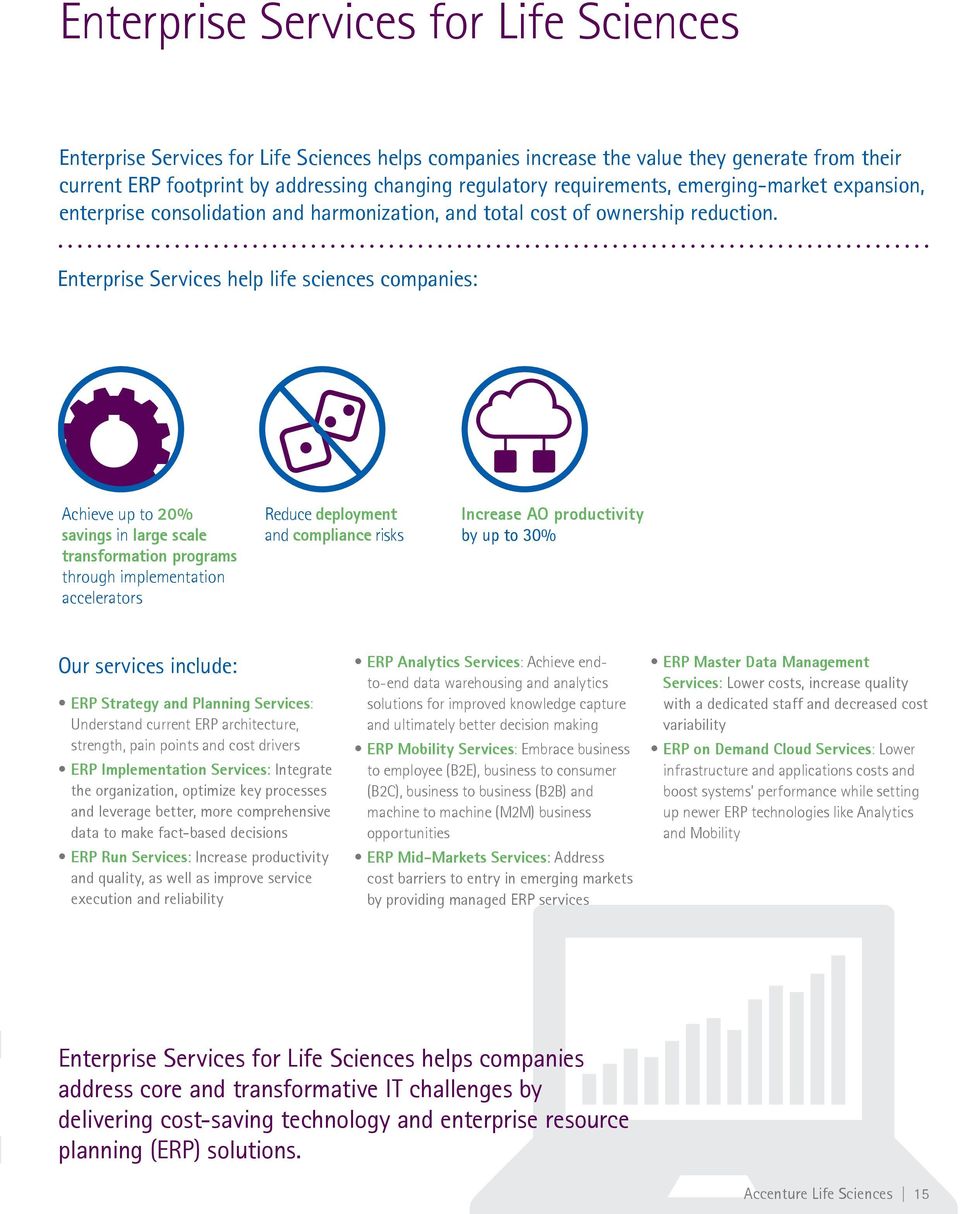 Enterprise help life sciences companies: Achieve up to 20% savings in large scale transformation programs through implementation accelerators Reduce deployment and compliance risks Increase AO