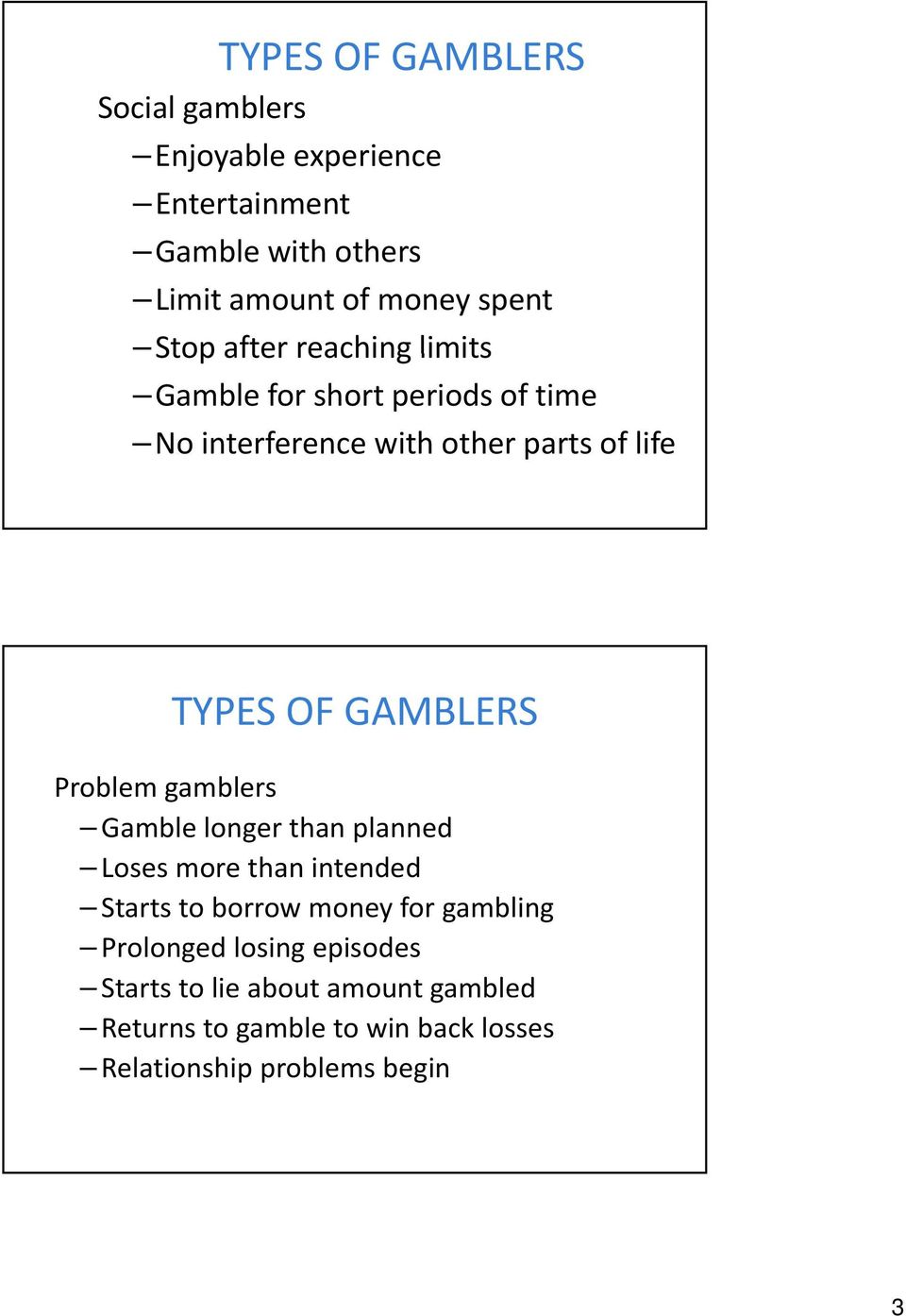 GAMBLERS Problem gamblers Gamble longer than planned Loses more than intended Starts to borrow money for gambling