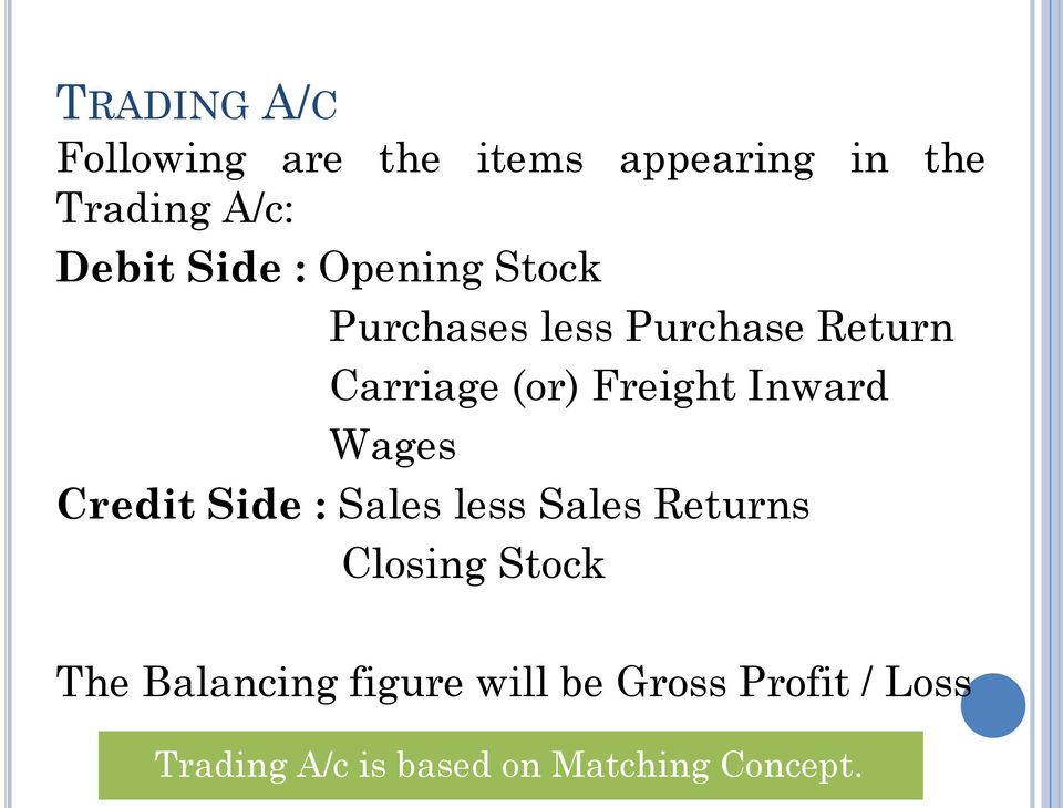 Inward Wages Credit Side : Sales less Sales Returns Closing Stock The