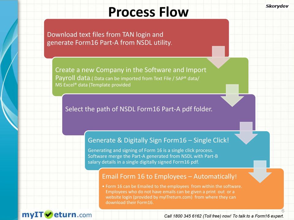Generating and signing of Form 16 is a single click process. Software merge the Part-A generated from NSDL with Part-B salary details in a single digitally signed Form16 pdf.