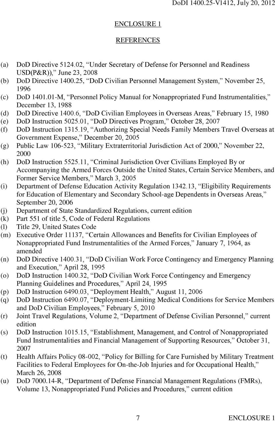 6, DoD Civilian Employees in Overseas Areas, February 15, 1980 (e) DoD Instruction 5025.01, DoD Directives Program, October 28, 2007 (f) DoD Instruction 1315.