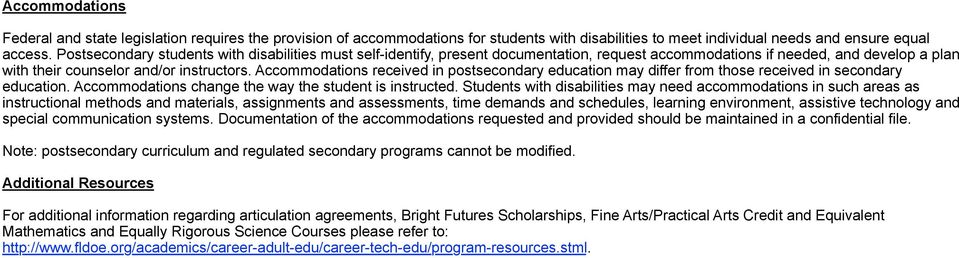 Accommodations received in postsecondary education may differ from those received in secondary education. Accommodations change the way the student is instructed.