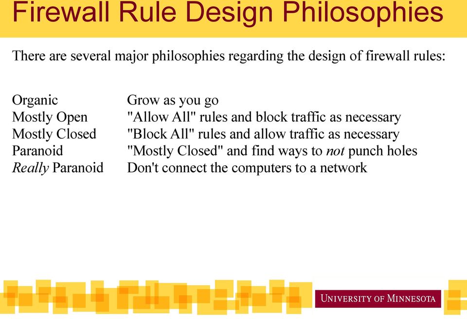 "Allow All" rules and block traffic as necessary "Block All" rules and allow traffic as