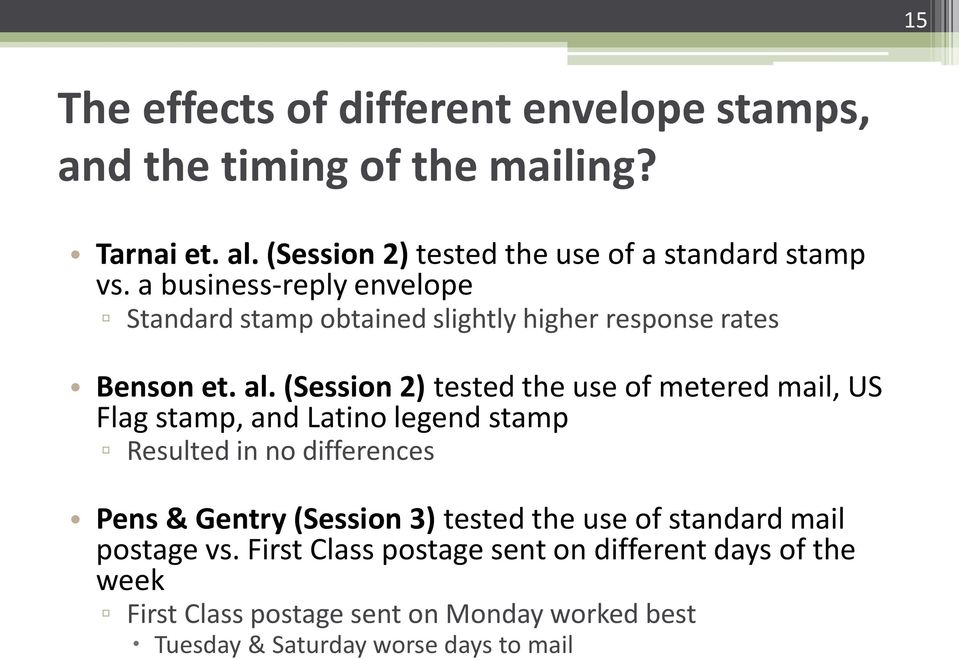 a business-reply envelope Standard stamp obtained slightly higher response rates Benson et. al.