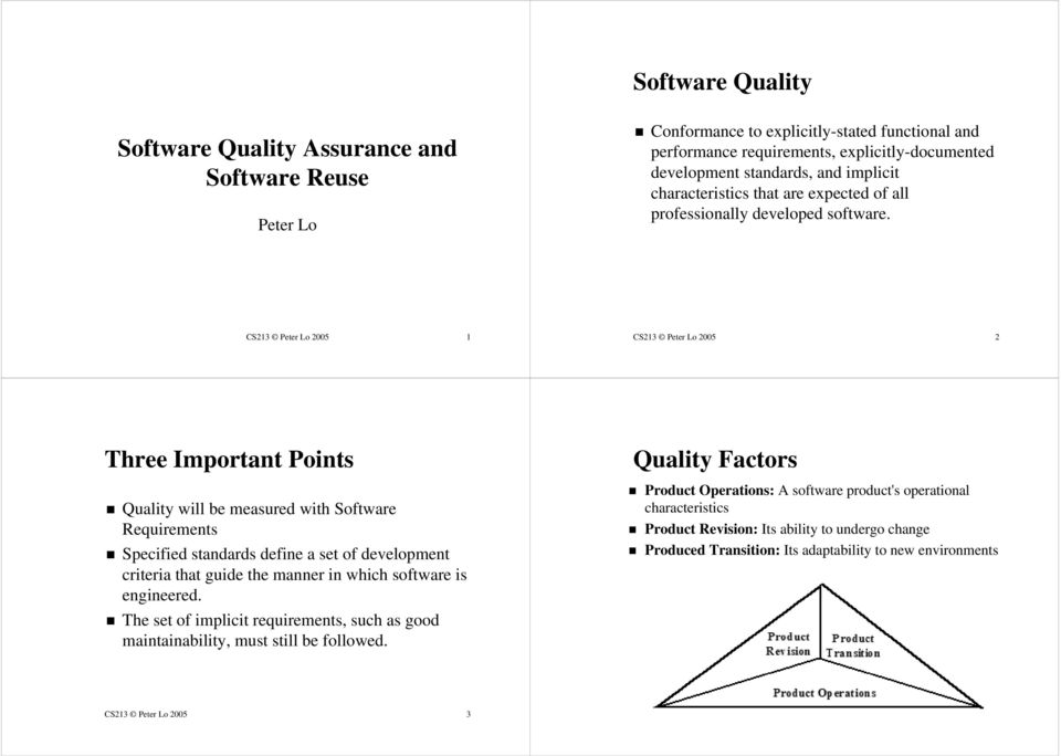 CS213 Peter Lo 2005 1 CS213 Peter Lo 2005 2 Three Important Points Quality will be measured with Software Requirements Specified standards define a set of development criteria that guide the manner
