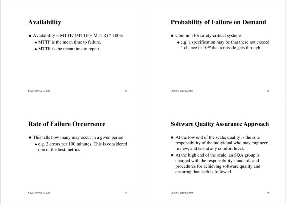 CS213 Peter Lo 2005 37 CS213 Peter Lo 2005 38 Rate of Failure Occurrence Software Quality Assurance Approach This tells how many may occur in a given period e.g. 2 errors per 100 minutes.