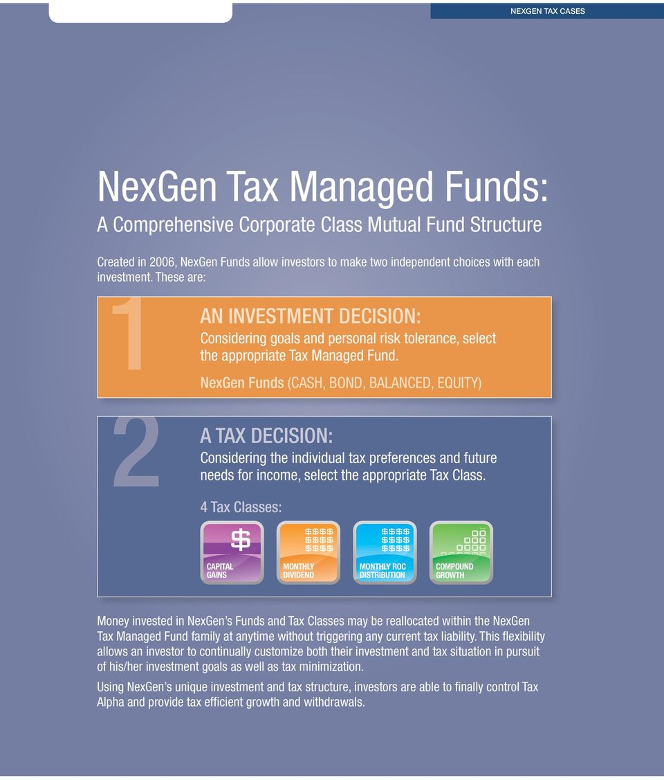 NexGen Funds (CASH, BOND, BALANCED, EQUITY) 2 A Tax Decision: Considering the individual tax preferences and future needs for income, select the appropriate Tax Class.