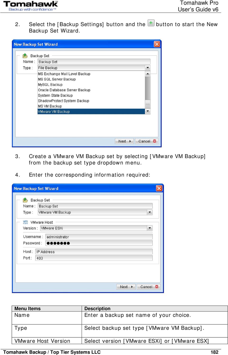 Enter the corresponding information required: Menu Items Name Type VMware Host Version Description Enter a backup