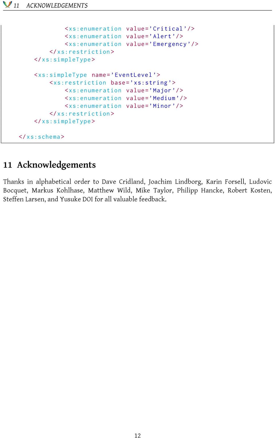 xs:enumeration value = Minor /> </ xs: restriction > </ xs: simpletype > </ xs:schema > 11 Acknowledgements Thanks in alphabetical order to Dave Cridland, Joachim