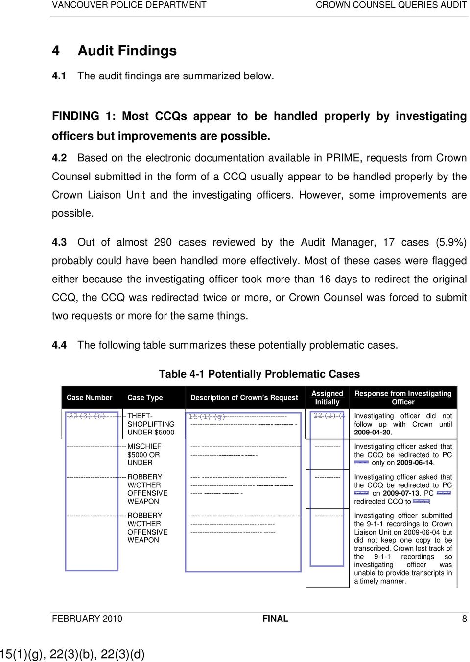 2 Based on the electronic documentation available in PRIME, requests from Crown Counsel submitted in the form of a CCQ usually appear to be handled properly by the Crown Liaison Unit and the