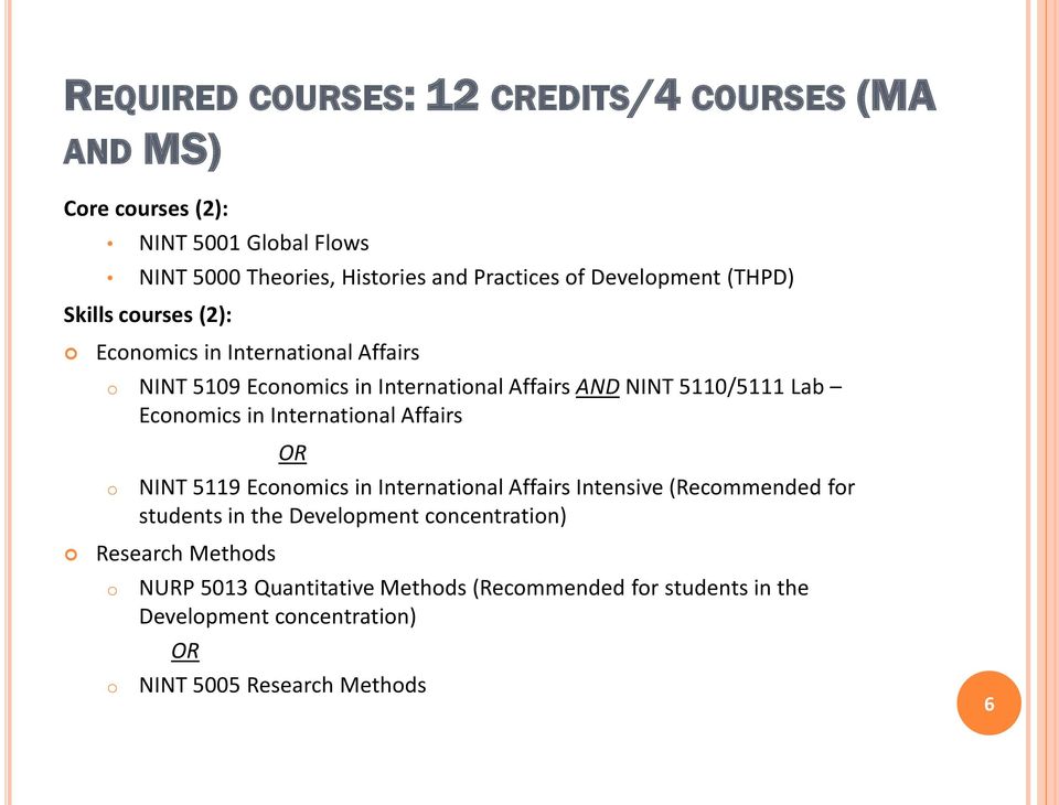 Economics in International Affairs o OR NINT 5119 Economics in International Affairs Intensive (Recommended for students in the Development