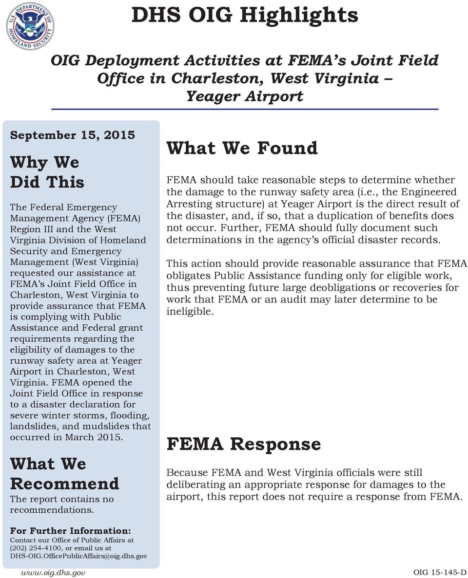 assurance that FEMA is complying with Public Assistance and Federal grant requirements regarding the eligibility of damages to the runway safety area at Yeager Airport in Charleston, West Virginia.
