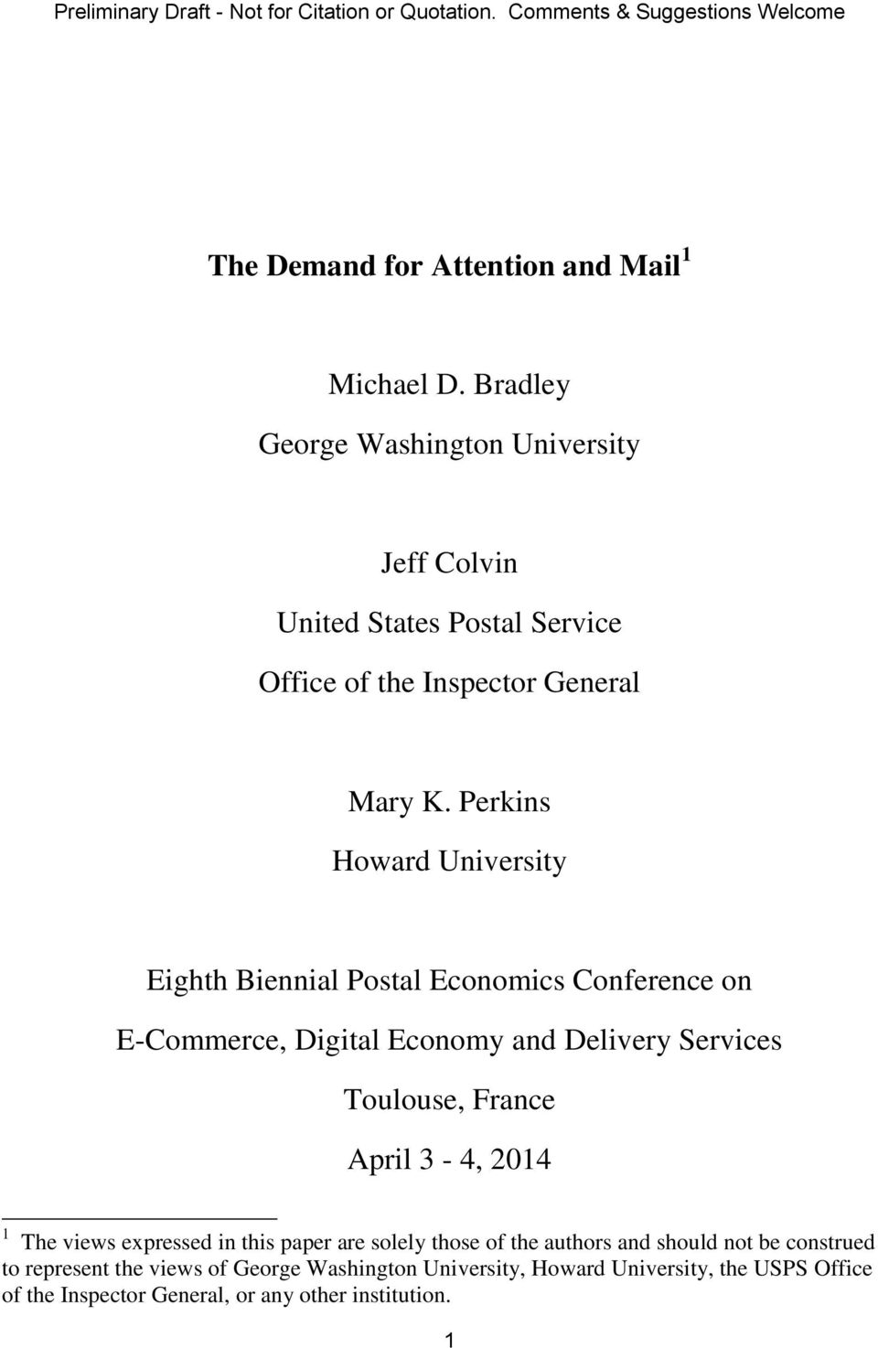 Perkins Howard University Eighth Biennial Postal Economics Conference on E-Commerce, Digital Economy and Delivery Services Toulouse, France