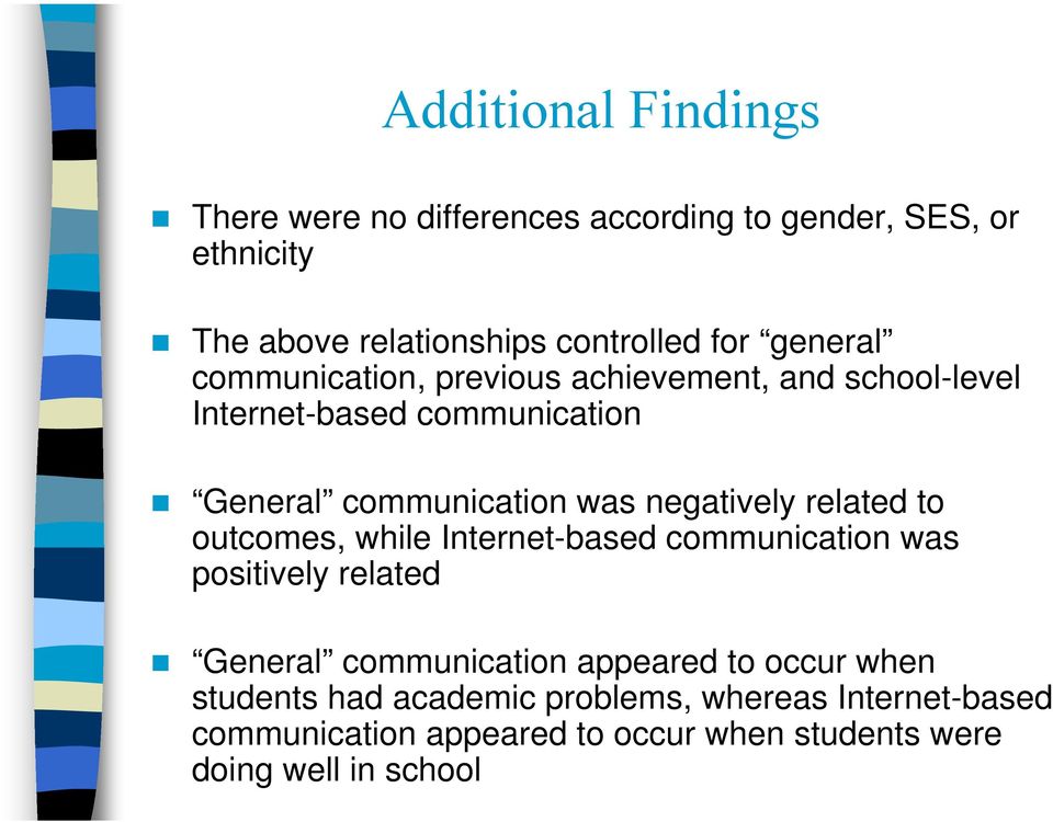 negatively related to outcomes, while Internet-based communication was positively related General communication appeared to