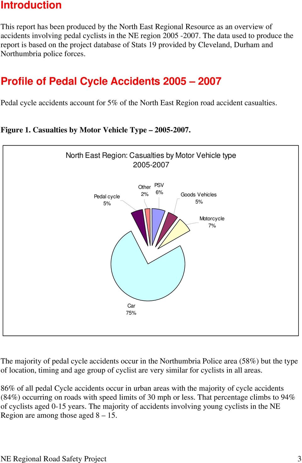Profile of Pedal Cycle Accidents 2005 2007 Pedal cycle accidents account for 5% of the North East Region road accident casualties. Figure 1. Casualties by Motor Vehicle Type 2005-2007.