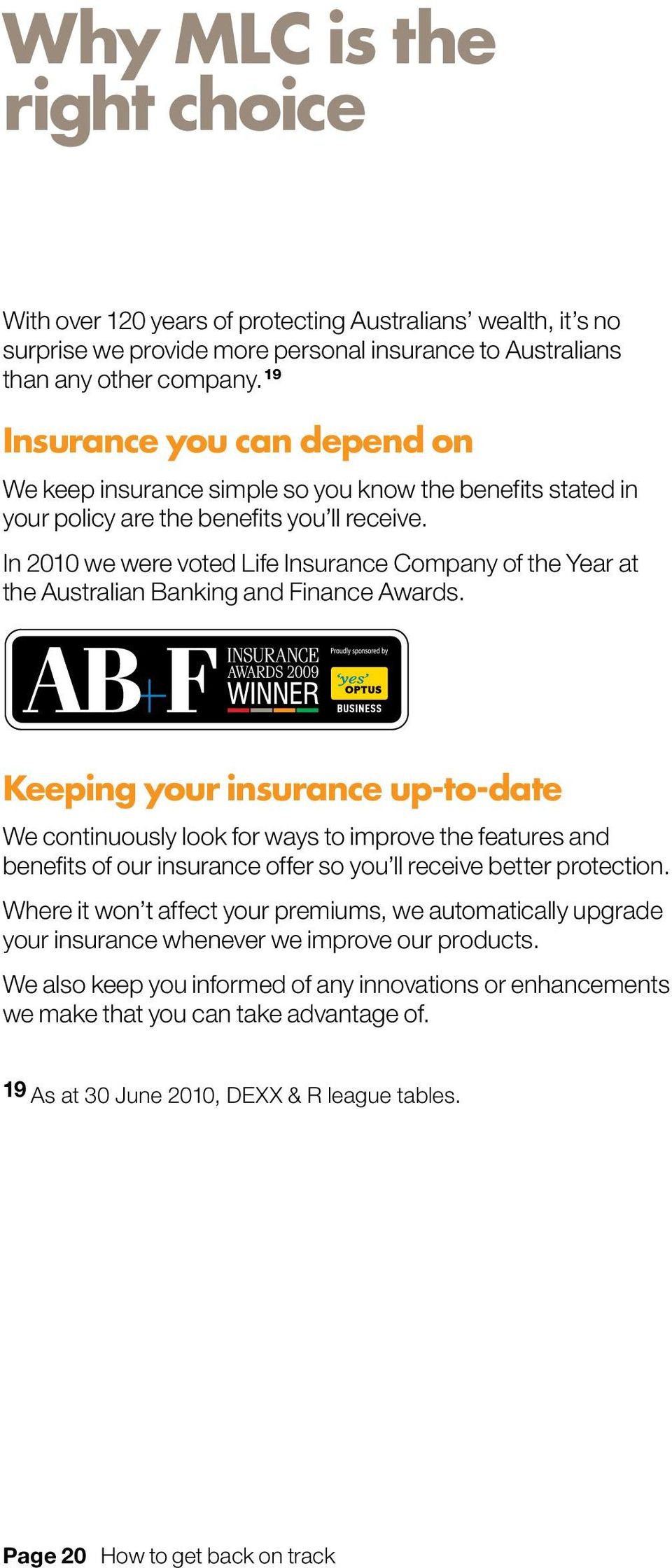 In 2010 we were voted Life Insurance Company of the Year at the Australian Banking and Finance Awards.