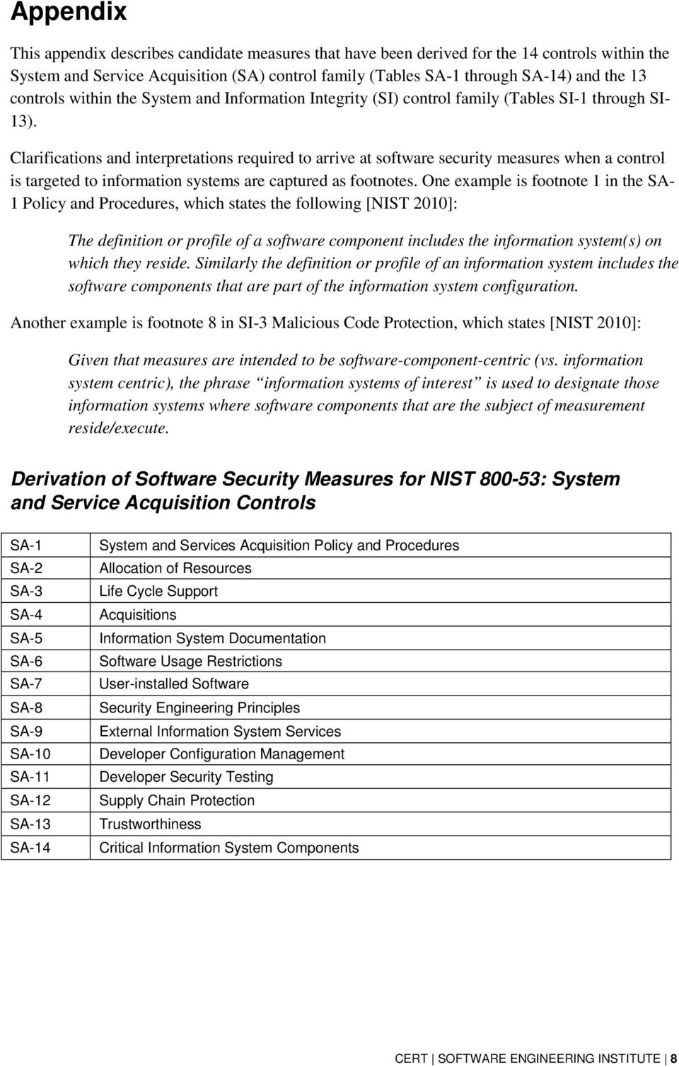 Clarifications and interpretations required to arrive at software security measures when a control is targeted to information systems are captured as footnotes.