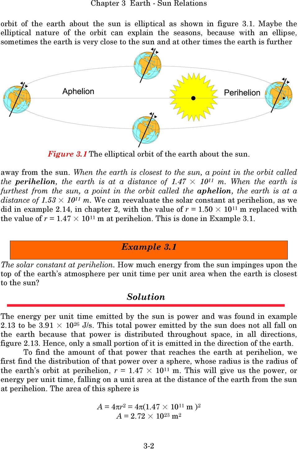 1 The elliptical orbit of the earth about the sun. away from the sun. When the earth is closest to the sun, a point in the orbit called the perihelion, the earth is at a distance of 1.47 10 11 m.