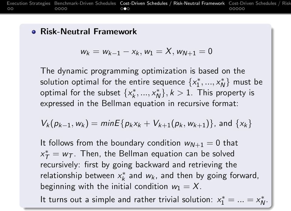 This property is expressed in the Bellman equation in recursive format: V k (p k 1, w k ) = mine{p k x k + V k+1 (p k, w k+1 )}, and {x k } It follows from the boundary
