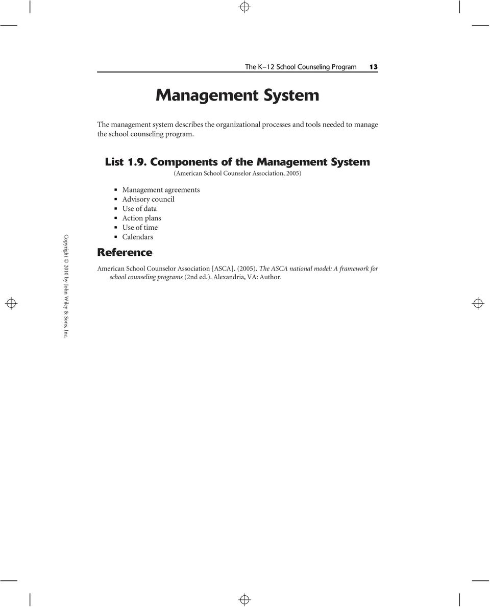 Components of the Management System (American School Counselor Association, 2005) Management agreements Advisory council Use of