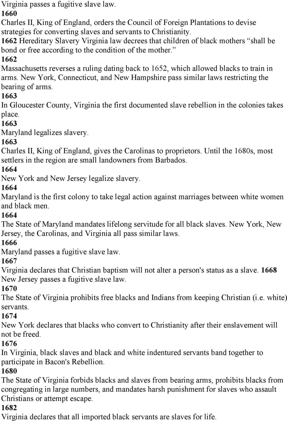 1662 Massachusetts reverses a ruling dating back to 1652, which allowed blacks to train in arms. New York, Connecticut, and New Hampshire pass similar laws restricting the bearing of arms.