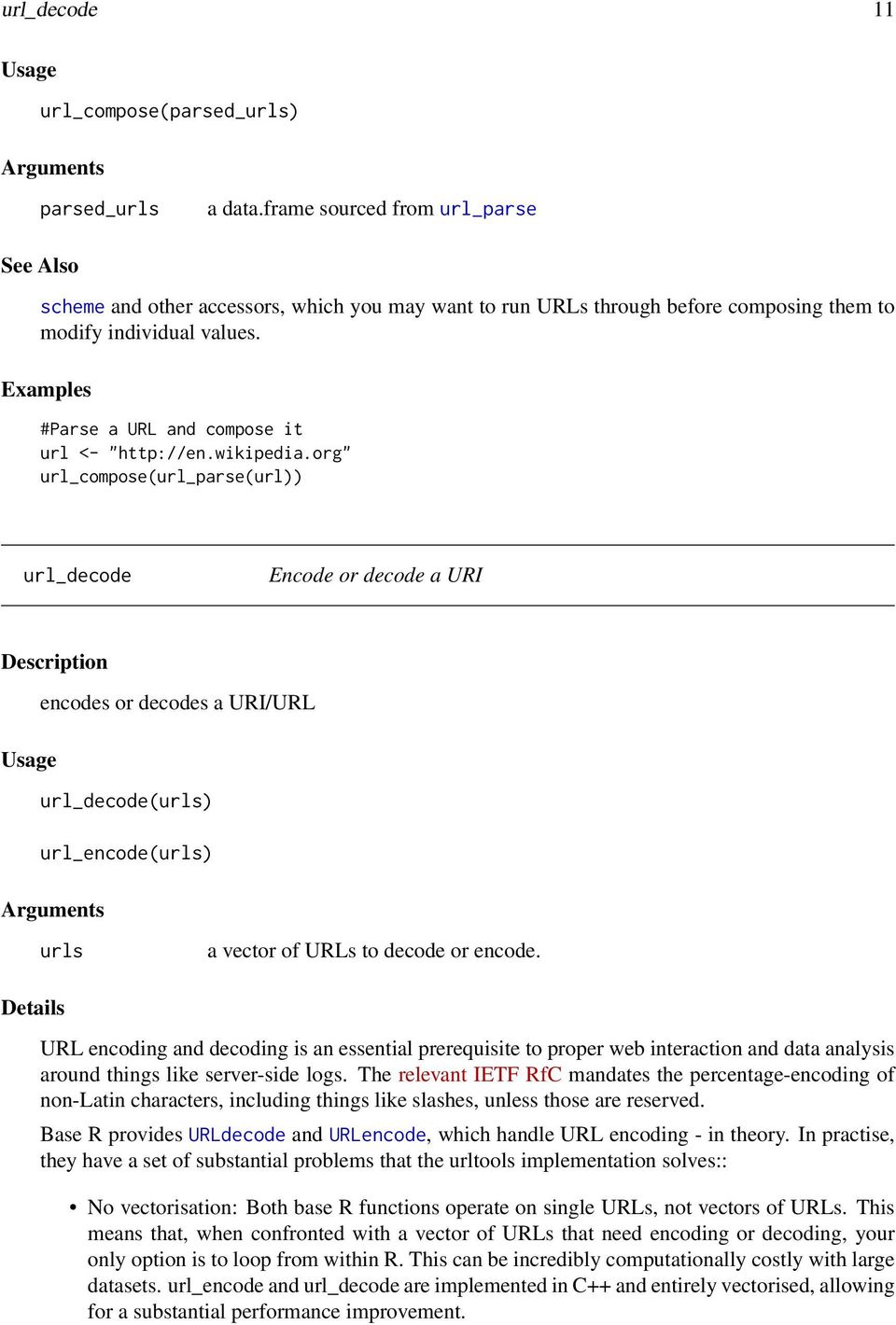 wikipedia.org" url_compose(url_parse(url)) url_decode Encode or decode a URI encodes or decodes a URI/URL url_decode(urls) url_encode(urls) urls a vector of URLs to decode or encode.
