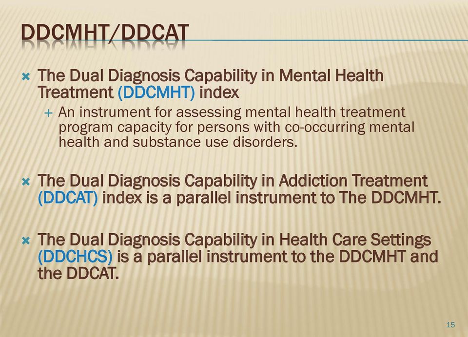 The Dual Diagnosis Capability in Addiction Treatment (DDCAT) index is a parallel instrument to The DDCMHT.