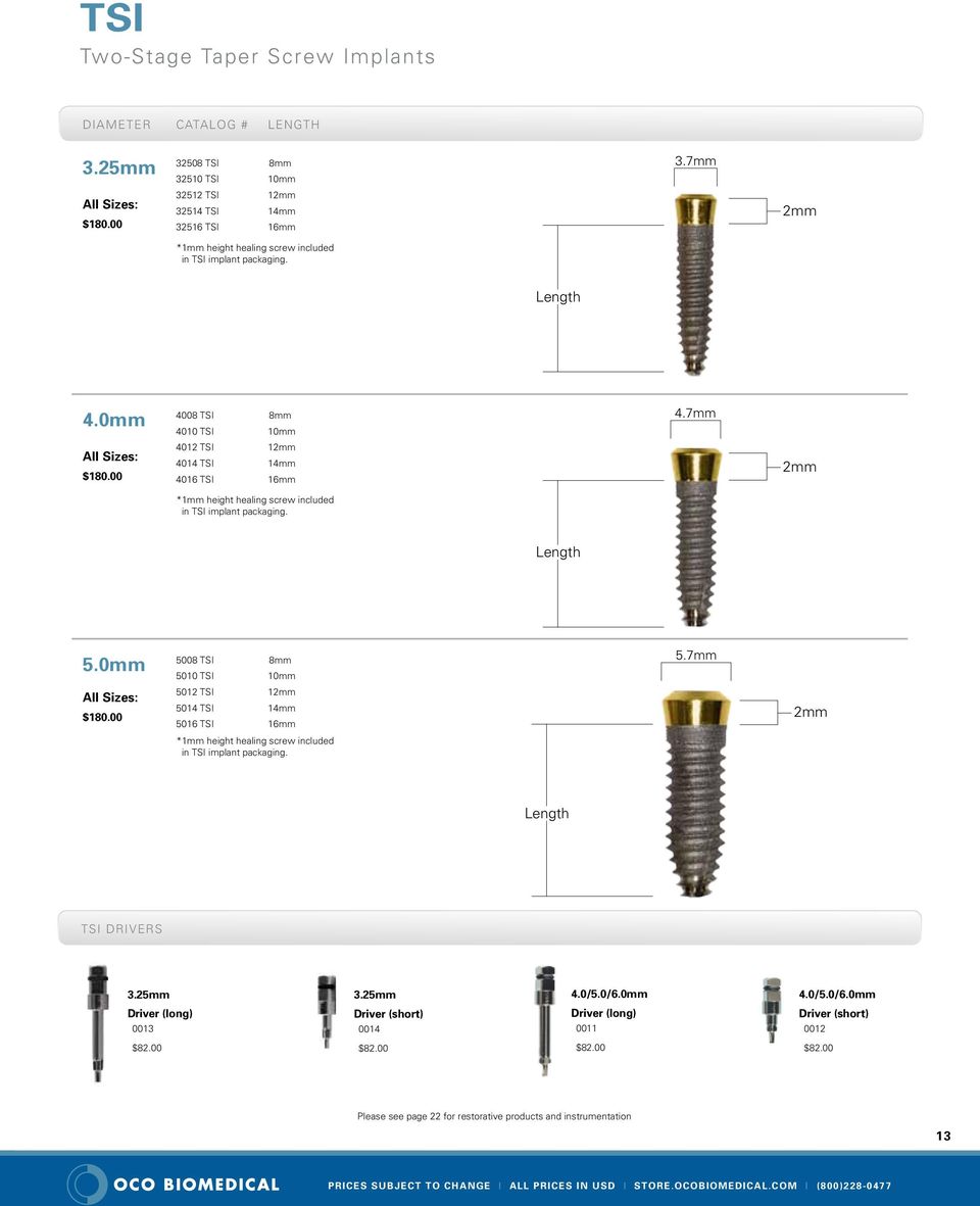 7mm mm *1mm height healing screw included in TSI implant packaging. Length 5.0mm All Sizes: $180.00 5008 TSI 5010 TSI 501 TSI 5014 TSI 5016 TSI 8mm 5.