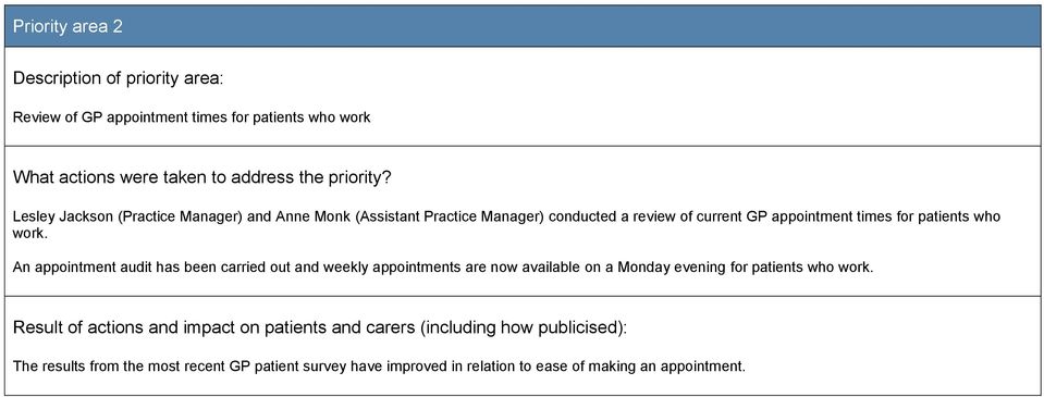 An appointment audit has been carried out and weekly appointments are now available on a Monday evening for patients who work.