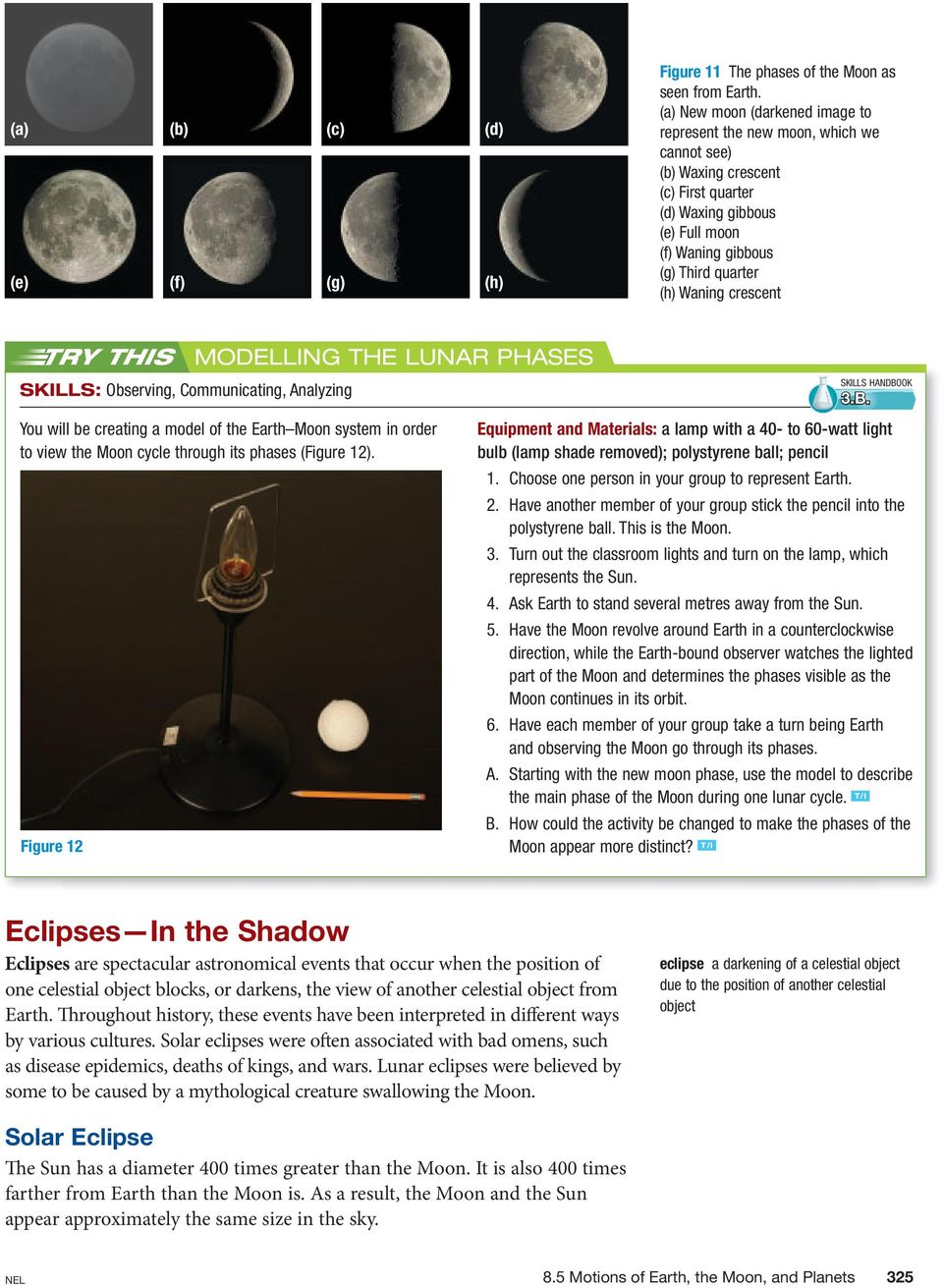 crescent TRY THIS SKILLS: Observing, Communicating, Analyzing MODELLING THE LUNAR PHASES SKILLS HANDBO
