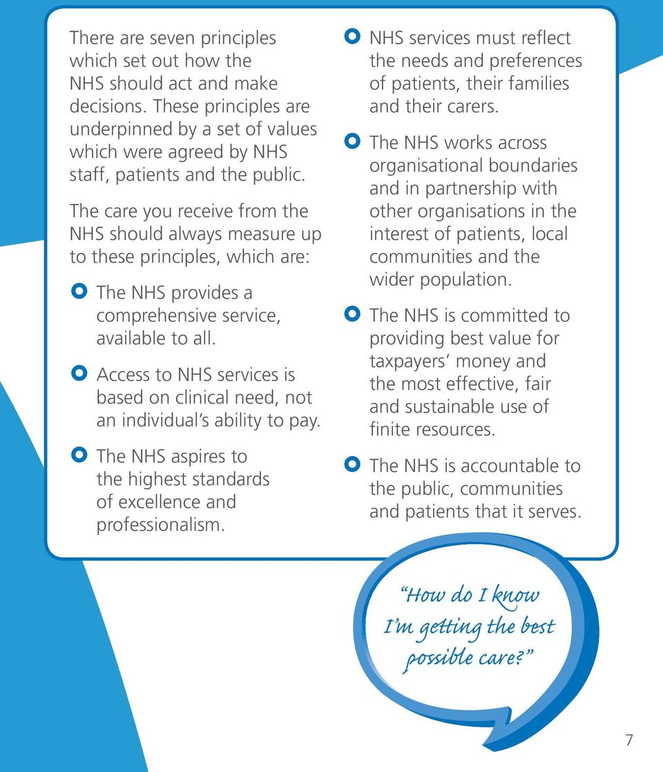 Access to NHS services is based on clinical need, not an individual s ability to pay. The NHS aspires to the highest standards of excellence and professionalism.