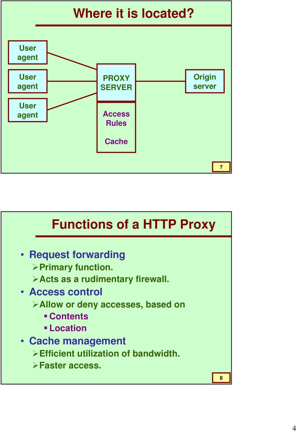 Functions of a HTTP Proxy Request forwarding Primary function.