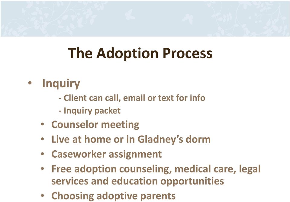 dorm Caseworker assignment Free adoption counseling, medical care,
