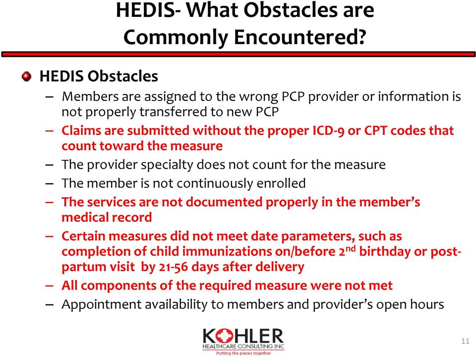 codes that count toward the measure The provider specialty does not count for the measure The member is not continuously enrolled The services are not documented properly in