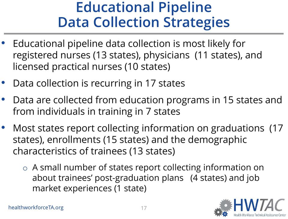 training in 7 states Most states report collecting information on graduations (17 states), enrollments (15 states) and the demographic characteristics of trainees (13