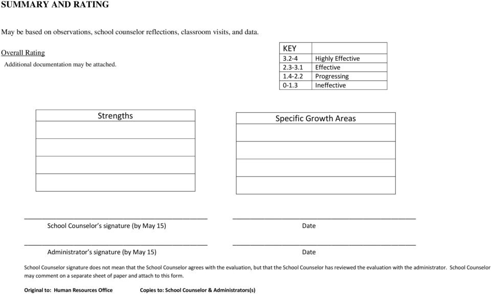 3 Ineffective Strengths Specific Growth Areas School Counselor s signature (by May 15) Date Administrator s signature (by May 15) Date School Counselor signature does not mean