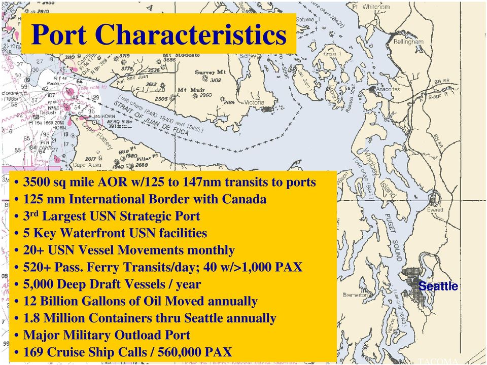 Ferry Transits/day; 40 w/>1,000 PAX 5,000 Deep Draft Vessels / year 12 Billion Gallons of Oil Moved annually 1.